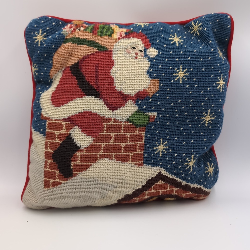 Vintage Santa Claus Needlepoint Throw Pillow 12x12 Blue Chimney Christmas read
